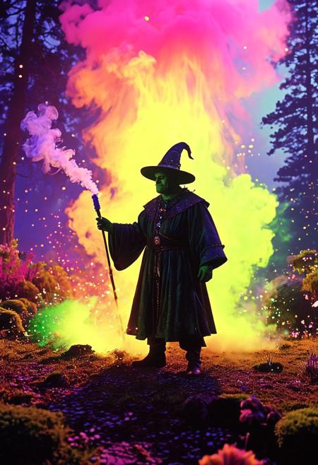 Merlin, the eccentric wizard, experiments with a new potion, causing colorful explosions that light up the twilight forest. The dreamlike smoke from his concoction blends with the natural mists, creating a spectacle of magical chaos., 
in the style of shrek 80s VHS tape dreamcore retro fantasy, nostalgic, dreamlike quality, VHS screen grab
, in the style of an old 80's VHS dark fantasy, VHS screen grab, grainy, old footage
