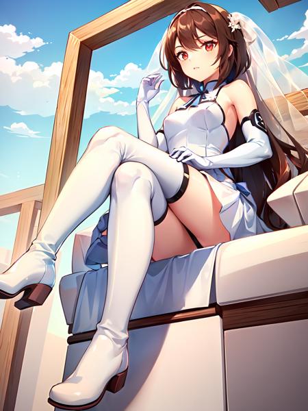 masterpiece,best quality,ultra detailed,1girl , solo , solo focus , full body ,( from forward down ),( pantyshot :1.3), thigh focus ,looking at viewer ,( looking down:1.4),( crossed legs :1.3),(( Sitting highly on her throne:1.5)),( reclining:1.3),( spread legs:1),( leg up :1.2),  floating hair ,( looking down :1.4), (detailed drawn hands), (white wedding dress:1.5),(long dress),bridal veil,(white thigh boots:1.3),thighhighs,  (thigh high boots),   elbow gloves , red eyes, brown hair , short hair,floating hair,  outdoors, blue sky,