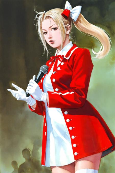 highlight on eyes，
takehiko style, depth of field, masterpiece, best quality, 1girl, solo focus, face foucus, holding microphone, music, red jacket, white dress, thighhighs, white gloves, red bow, dress, blonde hair, twintails, concert, floating hair