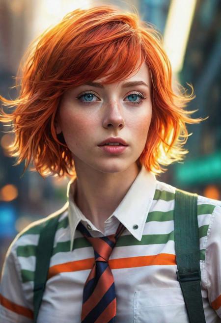 (best quality, masterpiece, beautiful and aesthetic:1.2, colorful, dynamic angle)((Full shot)), (highly detailed illustration), science fiction, extreme detailed, colorful,35mm, bokeh, 9:16, (intricate details, hyperdetailed:1.15), detailed, sunlight passing through hair (high contrast, official art, extreme detailed, highest detailed), <lora:Leeloo_5thElement_MillaJovovich_smf_lora_v2:0.9>, 1girl, l3e1o057h-smf, solo, realistic, shirt, blue eyes, looking at viewer, lips, red hair, parted lips, short hair, upper body, striped shirt, white shirt, suspenders, short sleeves, blurry, nose, bangs, orange hair, indoors, blunt bangs, green eyes, blurry background, portrait <lora:add_detail:0.5>