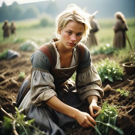 a young medieval farmer in a field, 1girl, short blonde hair, 
analogue photography, natural light,
