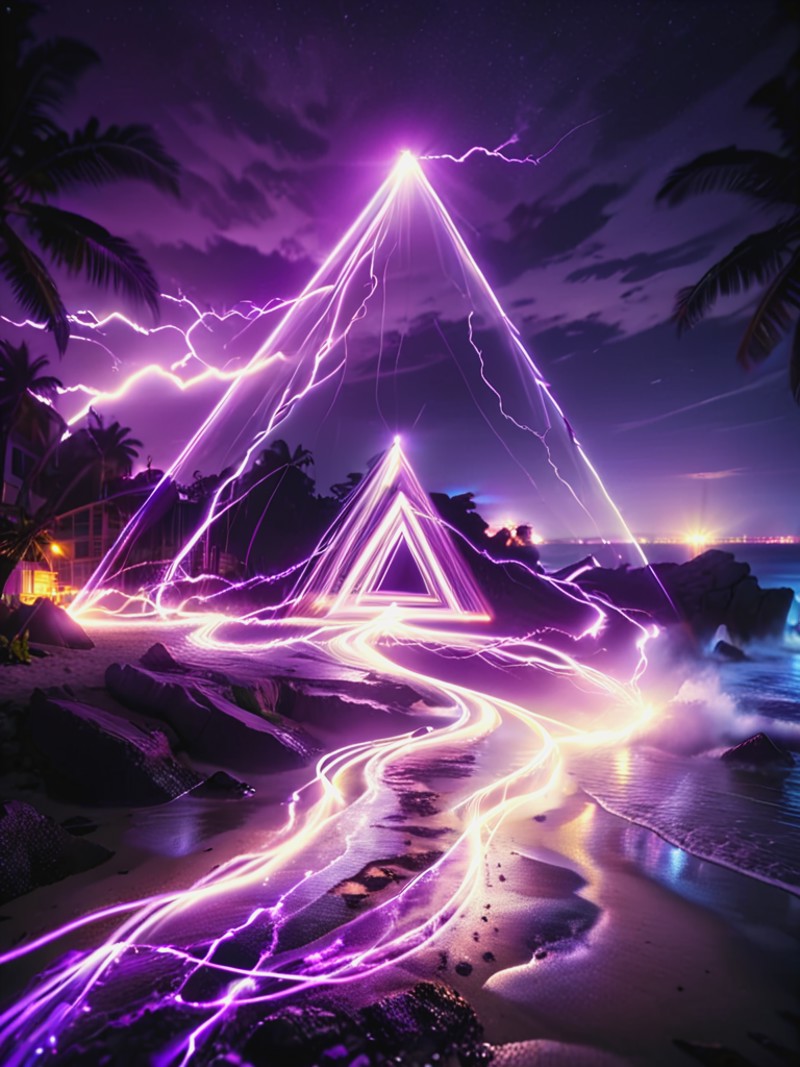 ral-exposure, Long exposure photo of artistic purple  light trails ,  triangle silhouette  ,  light photography , beach on...