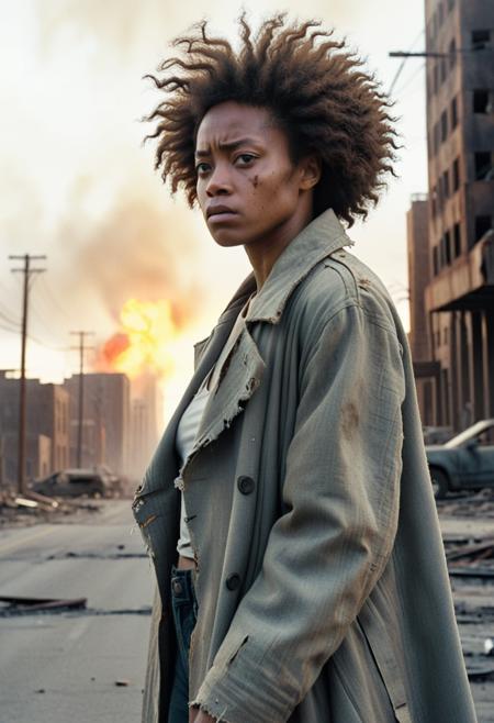 Amidst a desolate, post-apocalyptic cityscape, an African-American woman with deep, rich skin and cropped afro-textured hair stands in the foreground, her anguished expression illuminated by a single soft sidelight. She wears a long, tattered coat, its frayed edges blowing in the wind, and gazes forward with a hand on her head and a slightly tilted head. A faint film grain and subtle color grading create a sense of desolation, with a muted palette of grays, browns, and tans, punctuated by vibrant orange flames in the distance.