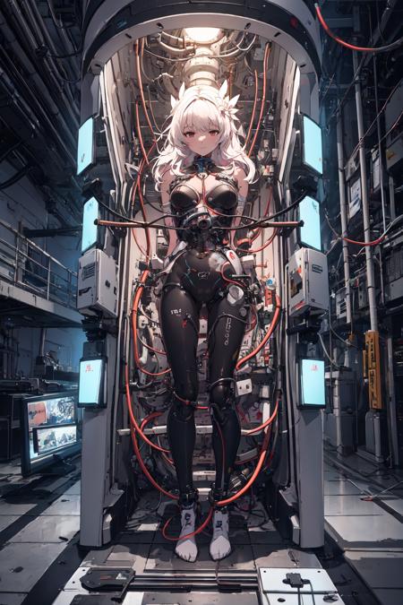 (masterpiece, top quality, best quality, official art, beautiful and aesthetic:1.2), extreme detailed,colorful,highest detailed ((ultra-detailed)), (highly detailed CG illustration), ((an extremely delicate and beautiful)),cinematic light,
cultivation tank,1girl, solo, restrained, science fiction, bound, arms up, bondage, bdsm, long hair,bodysuit,
full body,machine made joints,blood vessels connected to tubes,mechanical vertebra attaching to belly,mechanical cervial attaching to neck,expressionless,wires and cables attaching to neck,wires and cables on head,character focus,science fiction,blood,