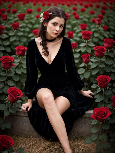 a woman in a black dress sitting in a field of red roses, inspired by John Collier, red magic surrounds her, female body, roses in her hair, la catrina, by Wyke Bayliss, beautiful, marc brunet, by ESAO, nsfw,