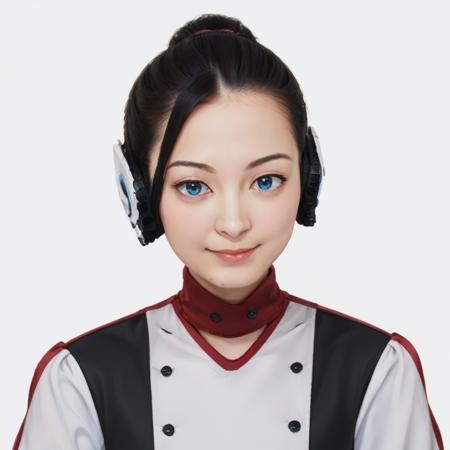 shesta (kamen rider 01), black hair, 1girl, robot ears, blue eyes, long sleeves, red dress, black gloves,