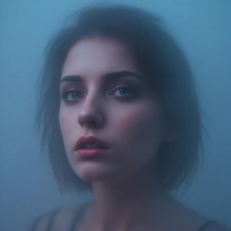 Young woman, dispassionate , moody, hazy, foggy, neon lights break through the dense fog, artsy, pop album cover shot, graphic design background, close up on woman's face