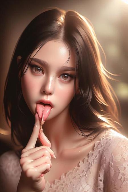 dramatic light,bella ranee ,detailed background, Depth of Field, volumetric light, crisp focus, Absurd, realistic proportions, good anatomy, (Realistic, hyperrealistic:1.4), HDR 16K, staring at the viewer, intricate details, highly detailed, (Licking own finger:1.8), (seductive expression:1.4), (realistic slender fingers:1.4),(Turn face at viewer:1.4)