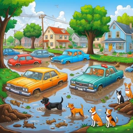 masterpiece,(cartoon style), <lora:CartoonStyle_Hap_XL:1.6>, creates an environment of climate disaster, mud and water, submerged cars, people in trees, flooded streets, dogs and cats on wet sidewalks, caricature comic style.