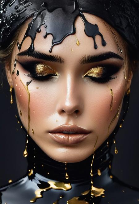 RAW profile photo, close-up, dark atmosphere, crying with tears made of gold, masterpiece, cinematic film still of a blonde beautiful woman, detailed skin, freckles ,eyeliner, dark lipstick, black lace turtleneck dress, tack sharp focus on eyes, Sensual, lustful, seductive,  intricate, ultra detailed, 8k, <lora:MS_DitavT_V1_32:0.6>
