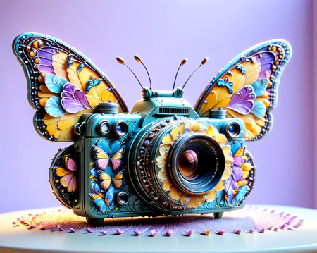 surreal camera entirely composed of butterflies, wings folded to form the main body, butterfly wings forming a circular lens, glowing antennae and butterfly bodies form buttons and details, elegant pastel color palette (sky blue, lavender, pale yellow), soft natural lighting, placed on a light tabletop with bright background, one butterfly flying upward from the lens as if capturing a photo, whimsical but clearly recognizable as a vintage camera, fusion of nature and technology, high detail,
 <lora:butterflyStyle:0.4> butterflyStyle, lazympos, lazypos <lora:[Control LoRA Collection] - cfg scale BOOST [SDXL]:0.5>  <lora:Challenge_Winnifier_2025-04:1>