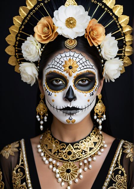 A hyper-realistic portrait photograph of a woman with intricate Día de los Muertos makeup, inspired by the provided reference image. Her face is adorned with symmetrical skull designs in bold white and black, featuring delicate gold accents, floral patterns, and shimmering details. The makeup includes fine lines, dots, and geometric shapes that create a mesmerizing contrast against her smooth skin. One eye is accentuated with deep matte black eyeshadow and long lashes, while the other remains natural, creating an asymmetrical yet balanced look. She wears an ornate headdress with gold embroidery, pearls, and floral decorations, adding to the regal and cultural aesthetic. The background is dark and moody, with soft bokeh lights and subtle golden elements that complement the overall composition. Dramatic studio lighting highlights the textures of her skin, makeup, and accessories, giving the image a cinematic and ethereal quality. Style: Photorealistic fashion photography, Latin American contemporary art fusion, emotionally powerful, high detail, editorial quality