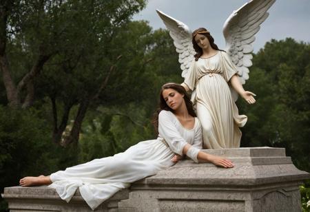 Gorgeous beautiful pretty guardian angel guarding Jesus christ buried tomb