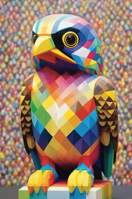 <lora:Okuda San Miguel Style:1>Okuda San Miguel Style - anthromorphic cute adorable 3D humanoid falcon, Oil painting by Okuda San Miguel, Rainbow geometric patterns, 3D low poly style, Pointillism, Essence of street forms, Geometric structures and multicolored prints, Colorful, High Detail, Symmetry