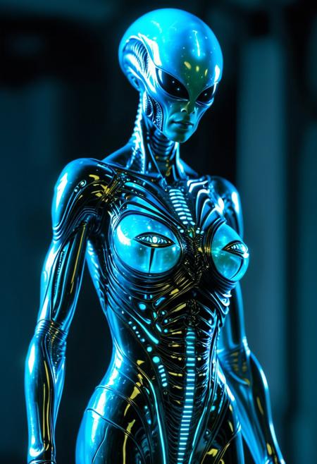 alien female, humanoid, 2.25 meters tall, slender, elegant, curvy hips, narrow waist, ((azure blue skin:1.2)), completely hairless, large eyes, small breasts, futuristic uniform dress, alluring, sexy, cranial ridges, bioluminescent, glowing