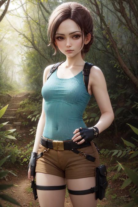 (masterpiece, best quality:1.2), <lyco:tombraider_classiclaracroft-11:1.0>, cowboy shot, solo, 1girl, lara croft, expressionless, looking at viewer, hand on hip, blue tank top, brown shorts, (fingerless gloves:1.1), holster, jungle