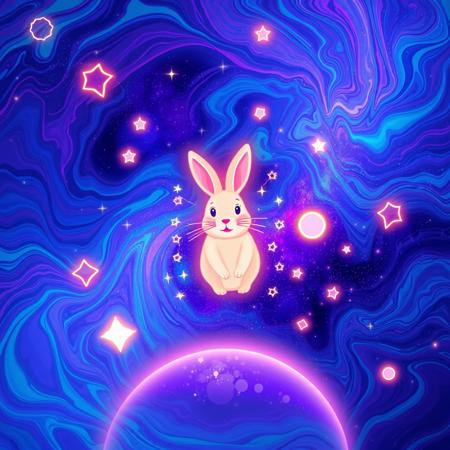 The background is a swirling, neon-colored cosmic landscape with vivid hues of swirling colors like cold blues and glowing purples and glowing geometric shapes, creating a mesmerizing, dreamlike effect.
At the center of the image floats a rabbit made of light.  
Accompany this with a whimsical graphic of space, surrounded by psychedelic stars and glowing orbs.
The overall feel should be playful, cosmic-themed with that sparks the desire to explore space and fills you with a sense of hope and wonder.