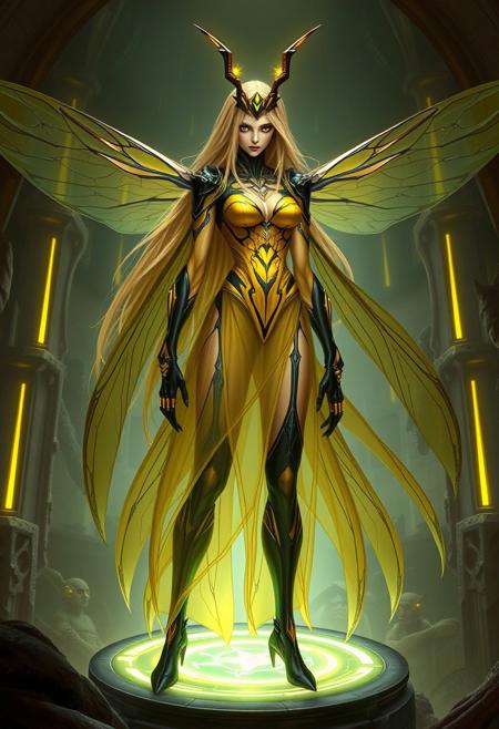 (masterpiece, best quality), Vesperia from Primal Hunter, humanoid vespernat queen, tall and commanding female form, approximately 2.3 meters tall, long flowing golden hair, black eyes with radiant yellow irises, short black antennae with slightly yellow glow at the tips rising from her forehead, sheer wasp-stripe dress in alternating translucent yellow and black, dress flowing elegantly around her limbs, chitinous yellow-and-black accents peeking through the fabric like armor, regal and alien beauty, lean muscular proportions with insectoid undertones, high fantasy science fiction setting, standing on a raised bioluminescent platform in her hive, dignified, elegant yet unnerving presence, aura of psionic command, digital painting, highly detailed concept art, fantasy xenoqueen, by greg rutkowski and wlop