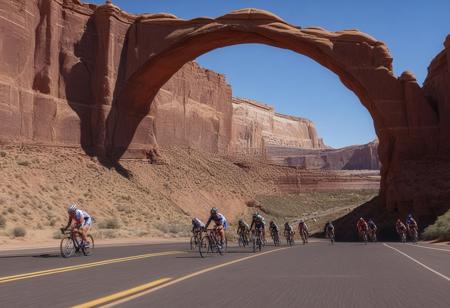close-up bike race in the Utah desert, very realistic photography, background arches and cliffs of Utah