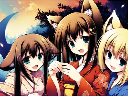 (masterpiece:1,2), best quality,
 multiple girls, 3girls, animal ears, brown hair, green eyes, blue eyes, blonde hair, fang, open mouth, japanese clothes, smile, fox ears, short hair, hair ornament, long hair, kimono, cat ears, upper body, straight hair,
shinryuusai,  <lora:tenmu_shinryuusai:1>,