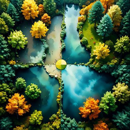 4 quadrants, spring, summer, fall, winter. Abstract. Surreal.
Viewed from above, looking from above, an aerial view, looking down on a forest in 4 different seasons
Fantasy style.
qdrltyCE style