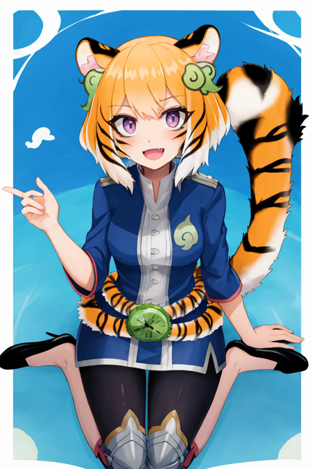 tigermortar, blush, smile, open mouth, sitting, fang, tiger ears, tiger tail