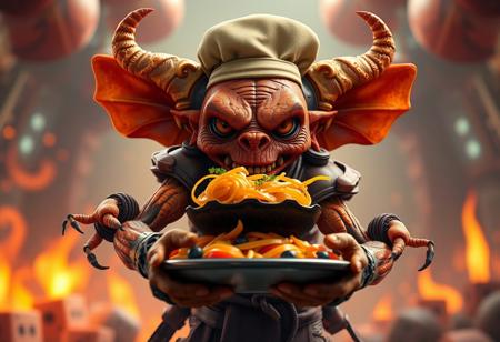 a close up of a  goblin chainwalker on a Dice Dungeon background,best chef goblin chainwalker, best chef, for ps5, official  image, infernal nymph!!!, orange color tone, extra limbs, fine image details, offering a plate of food, mma, watermeloncore, listing image, featured on amiami magazine, sattelbulb 3 d, rendered in blender, octane rendered in octane, 8 k, zbrush, unreal engine 5, extremely detailed and intricate, concept art, unreal engine 5, daz, hd wallpaper, epic composition, realistic concept art, ambient light, lovely and elegant scenery, full body, dynamic volumetric  close up of a  goblin chainwalker on a Dice Dungeon background,best chef goblin chainwalker, best chef, for ps5, official  image, infernal nymph!!!, orange color tone, extra limbs, fine image details, offering a plate of food, mma, watermeloncore, listing image, featured on amiami magazine, realistic!!!!! grainy, backlit, elegant