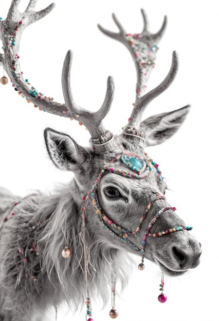 illustration in bohemian style of greyscale reindeer on white background, depth of field, uncropped, whimsical, eclectic, artistic, free-spirited, colorful, vintage, carefree, nomadic, romantic, natural, textured, layered, unconventional, earthy, rustic