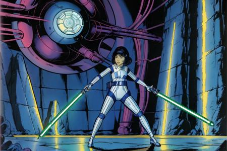 Yoko Tsuno, white bodysuit, in a star wars movie, ((holding a green lightsaber)), 1girl, solo, (alone), ultra high res, ultra detailed, masterpiece, crystal clear, sharp focus, 1990s \(style\), futuristic, science fiction, retro artstyle, <lora:yoko_tsuno-10:0.9>,  <lyco:UnlimitedBladeWorks1.6:0.9>