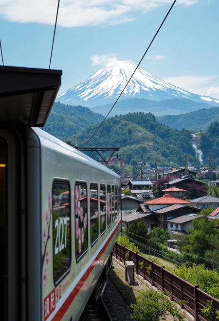 A Japanese commuter train, adorned with cherry blossom-patterned advertisements, glides effortlessly alongside a tranquil train station. As the camera pans out, the breathtaking vista unfolds, showcasing a picturesque expanse of Japanese villages nestled between mountains, their peaks capped with glistening snow. Lush greenery blankets the rolling hills, punctuated by wispy smoke rising from rustic rooftops.
