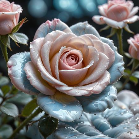 Liquid Marble, pale pink rose with pale blue highlights, detailed, dew, bokeh, depth of field, close-up, bee, ultrarealistic