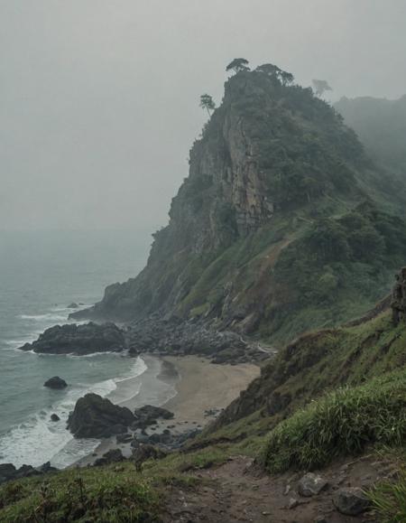 by Salvator Rosa, Ravi Zupa, landscape of a Headland, Foggy, Anime screencap, still, Canon 5d mark 4, F/8, Cinestill
