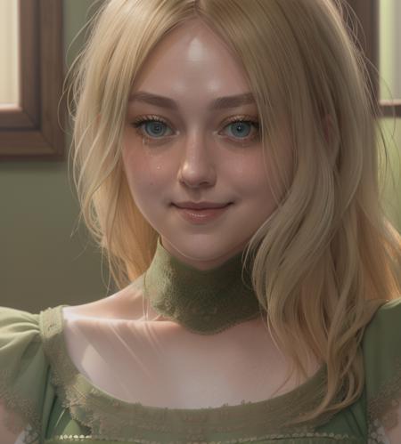 a beautiful picture of d4k0t4, blonde, masterpiece, photorealistic, woman, detailed, 4k, HDR, backlighting, bloom, light, RAW color photo, (fully in frame:1.1), wearing a green blouse, detailed skin texture, (blush:0.5), (goosebumps:0.5),smile <lora:d4k0t4:1>