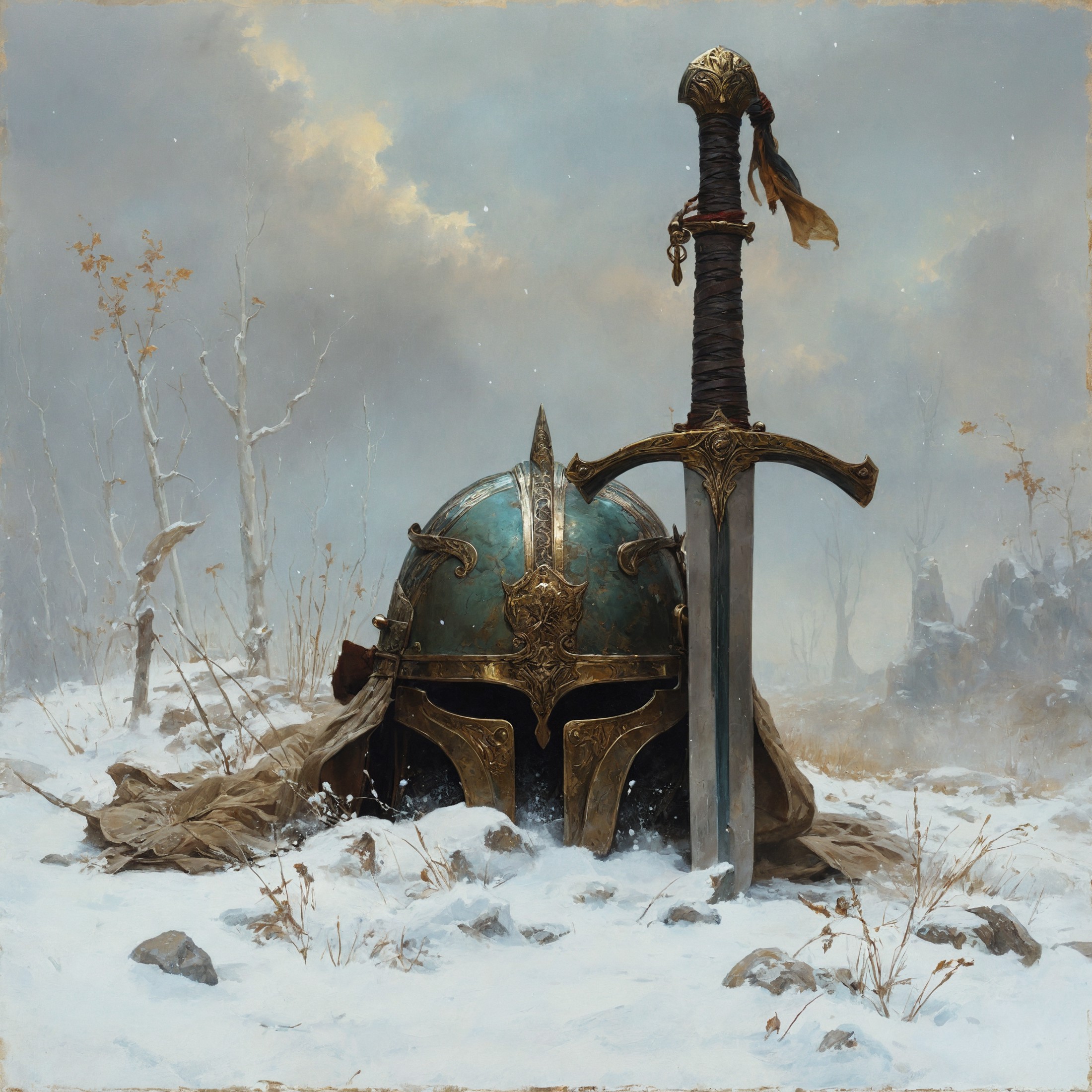 A scene of a weathered helmet with intricate metalwork, resting on the snow-covered ground. Beside it, a sword with an ornate hilt is thrust into the earth, standing upright. The backdrop reveals a desolate winter landscape with bare trees. The overcast sky and the untouched snow convey a sense of stillness and abandonment.