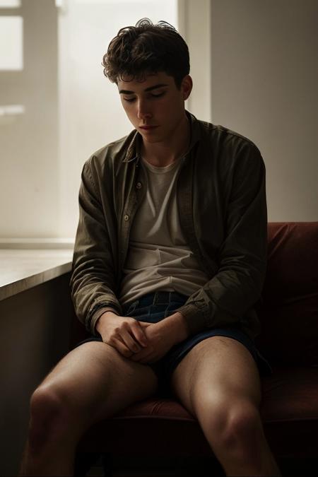 <lora:jjjbonnet:1>,jjjbonnet a young man sitting in a chair with his legs crossed, (High detail RAW Photo), (masterpiece, extremely detailed skin, photorealistic, heavy shadow, dramatic and cinematic lighting, key light, fill light), sharp focus, film grain, grainy, cinematic, detailed face, detailed skin