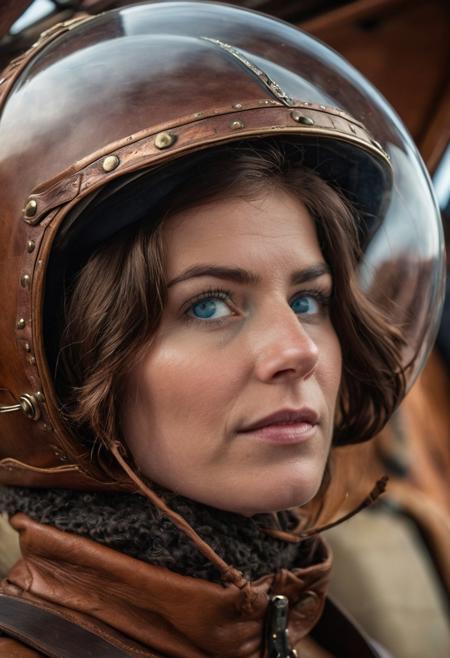 a beautiful strong-willed face is visible through the windshield of the cabin of the airship. The leather helmet of the airship beautigul woman-pilot aesthetically fits into the cabin environment in the simpunk style. attentive blue eyes are staring intently. the copper hull of the ship is covered with a patina. the seals. arrow indicators. glass headlights. high detail, close-up, 32k UHD, cinematic photography, amazing detail, soft focus, full-length editorial shot, depth of field, supernatural, incredibly complex overdetalization, amazing depth, extensive details, add detail xl