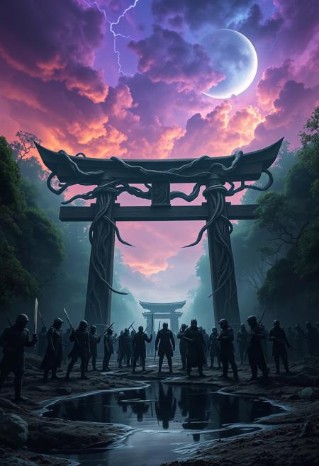 In the heart of a vast, ancient forest, a colossal torii gate stands, its wood fused with twisted, sinewy tendrils, more organic than crafted. This gate marks the entrance to a hidden temple, its structure a grotesque blend of stone and living tissue, as if the forest itself has consumed it. Above, the sky churns in unnatural hues of deep purple, searing orange, and electric blue, illuminated by the violent energy of a battle raging beyond.
Gathered at the gate are warriors clad in armor resembling biomechanical exoskeletons, their faces obscured by shadowed visors, eyes cold and alien. Drawn by whispers of an ancient, pulsing artifact, they stand ready, their weapons extensions of their very bodies.
The air is thick with a palpable tension, as though the forest is a sentient entity, watching, waiting. Nearby, a pond of dark, viscous liquid reflects the distorted sky and the flickering lights of distant combat. A crescent moon, sharp as a blade, casts jagged, shifting shadows across the twisted landscape.
The warriors exchange silent, synchronized glances, their purpose unified. With a final nod, they advance toward the gate, their movements precise, mechanical, and unwavering. They march into the unknown, prepared to face the biomechanical horrors that await, their resolve as unyielding as the twisted, surreal world that surrounds them.