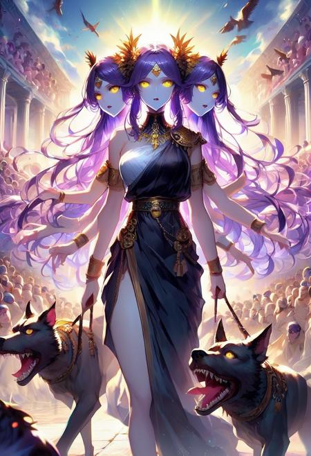 hecate hecate, greek goddess three heads yellow eyes, purple hair