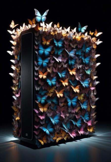 lazympos, butterflystyle, stereo system made of butterflies, dark room