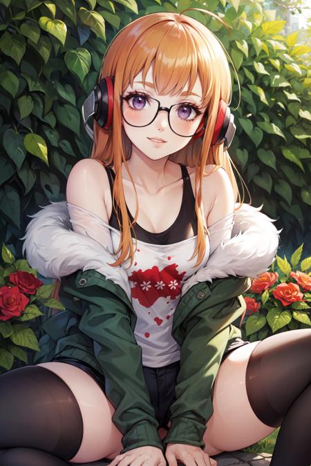 masterpiece, best quality, ultra-detailed, glowing light, (detailed background, complex background:1.2), (perfect face, detailed face), (mature female, milf:1.3), smile, happy, parted lips, thighs, 
<lora:sakura_futaba:1>, sakura_futaba, long hair, glasses, blunt bangs, headphones, black-framed eyewear, behind-the-head headphones, shirt, jacket, off shoulder, fur trim, green jacket, ahoge, fur-trimmed jacket, bare shoulders, shorts, thighhighs, black thighhighs, white shirt
(outdoors, garden, sitting, spread legs, arms between legs)