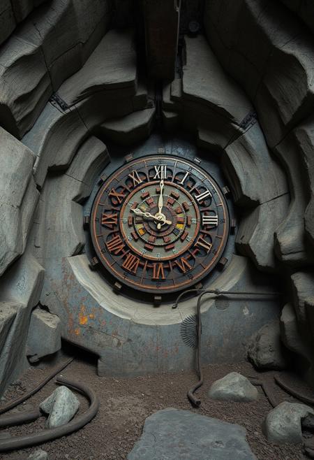 clock, underground bunker, raw, weathered forms, rounded and eroded concrete walls, fragmented steel beams, flowing and interconnected shapes, soft brutal edges, primal aesthetic, multichromatic oxides, vibrant colors of corrosion, saturated hues of rust, deep earthy tones, patina on metal surfaces, recursive shapes in mechanical gears, infinite geometry in clockwork, intricate fractal structures in rusted metal, colorful oxides, stark industrial lighting, dystopian vibe, sculptural appearance, unsettling, high resolution, photorealism, (overloaded multichromatic oxides:1.6), (emphasis on rusted forms and colorful corrosion:1.6), minimal details, intersecting planes of concrete and rusted steel, soft rounded geometry, worn textures, (blurry:-1.2), (ugly:-1.3), (cartoonish:-1.1), (polished:-1.3), (low quality:-1.2), (overly ornate:-1.5), (disjointed anatomy:-1.3), (soft lighting:-1.2), (noisy:-1.1), (bad composition:-1.3)