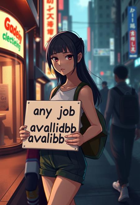 Medium shot digital illustration, (Realistic girl holding sign:1.3), Symmetrical composition, slender body, (Text on sign "any job available?":1.2), Vulnerable expression, Busy street, (Dramatic shadows:1.2), Soft glows, Contrasting color highlights, Future city atmosphere.