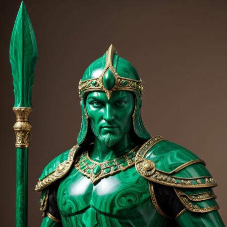 score_9, score_8_up, score_7_up, masterpiece, best quality, good quality, highly detailed, absurdres, intricate details, detailed eyes, detailed background, malachite_style, warrior made of malachite, holding spear, ornate armor