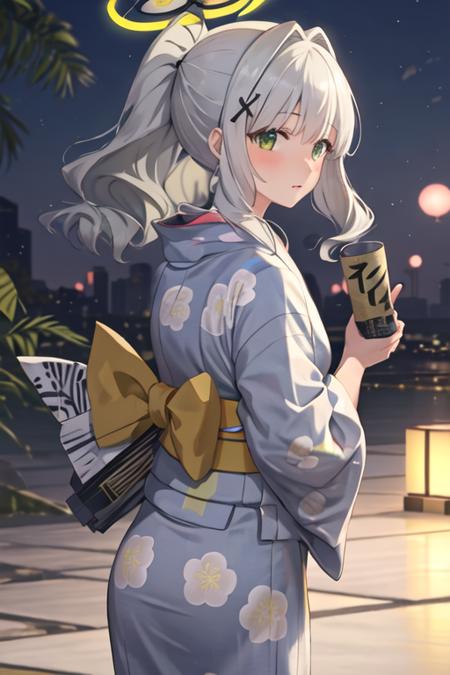 best quality, masterpiece, highres, solo, {yukata:1.40}, {kimono:1.20}, {hare_bluearchive:1.15}, hair_ornament, bangs, green_eyes, halo, blush, long_hair, grey_hair, ponytail, hoodie, white_hair