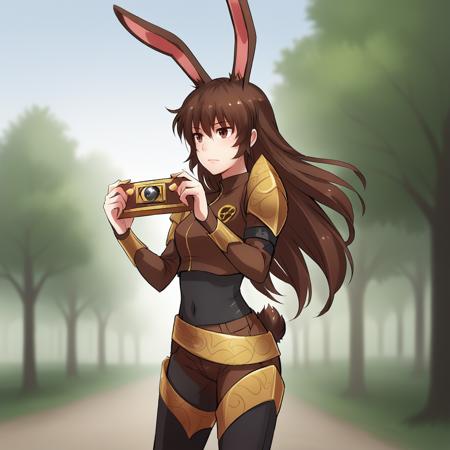 Velvet_RWBY  Rabbit ears, brown hair, thighhigh boots, black body suit, brown armor