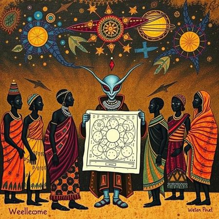 tribal ethnic abstract organic indigenous, elegant extraterrestrial being meeting with people of Dogon tribe surrounding welcoming, holding chart of stars, painting made of natural dyes on textured textile cloth, style of Mali West-Africa, comprised of primitive abstract organic forms with vibrant natural colors, overhead spaceship from Sirius dogstar