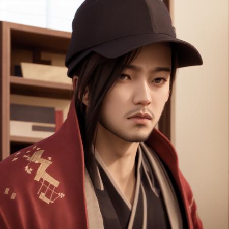 a man with a red jacket and a black hat and a red jacket and a red and white robe, (1boy:0.782), (architecture:0.810), (blurry:0.568), (bookshelf:0.895), (brown eyes:0.620), (brown hair:0.521), (chinese clothes:0.812), (closed mouth:0.511), (east asian architecture:0.719), (facial hair:0.631), (hanfu:0.771), (indoors:0.636), (japanese clothes:0.599), (long hair:0.576), (looking at viewer:0.622), (male focus:0.812), (solo:0.859), (upper body:0.787)