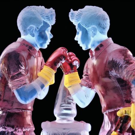 <lora:icescultpures:1.0>,  icescultpures,  ice statue,  ice figurine, transparent, blurry background,  3boys, black background, blue gloves, copyright name, glasses, gloves, limited palette, male focus, multiple boys, parted lips, red gloves, solo focus, yellow gloves