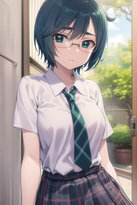 miharumikuni, <lora:miharu mikuni ova-lora-nochekaiser:1>,
miharu mikuni, short hair, (green eyes:1.5), glasses, blue hair,
BREAK skirt, shirt, school uniform, white shirt, socks, plaid, kneehighs, plaid skirt,
BREAK indoors, classroom,
BREAK looking at viewer, (cowboy shot:1.5),
BREAK <lyco:GoodHands-beta2:1>, (masterpiece:1.2), best quality, high resolution, unity 8k wallpaper, (illustration:0.8), (beautiful detailed eyes:1.6), extremely detailed face, perfect lighting, extremely detailed CG, (perfect hands, perfect anatomy),