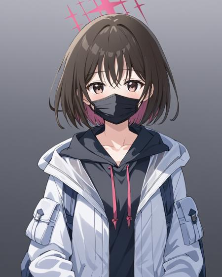 breathtaking,misaki \(blue archive\),1girl, solo, looking at viewer, simple background, long sleeves, jacket, upper body, open clothes, grey background, coat, gradient, black shirt, gradient background, hoodie, mask, halo, white jacket, backpack, hood down, mouth mask, white coat, drawstring, black hoodie, surgical mask, mask pull, black mask, mask around neck
  <lora:Misaki_image66_v1-000040:1> . gorgeous,key visual, vibrant, studio anime,award-winning, professional, highly detailed,high budget, cinemascope